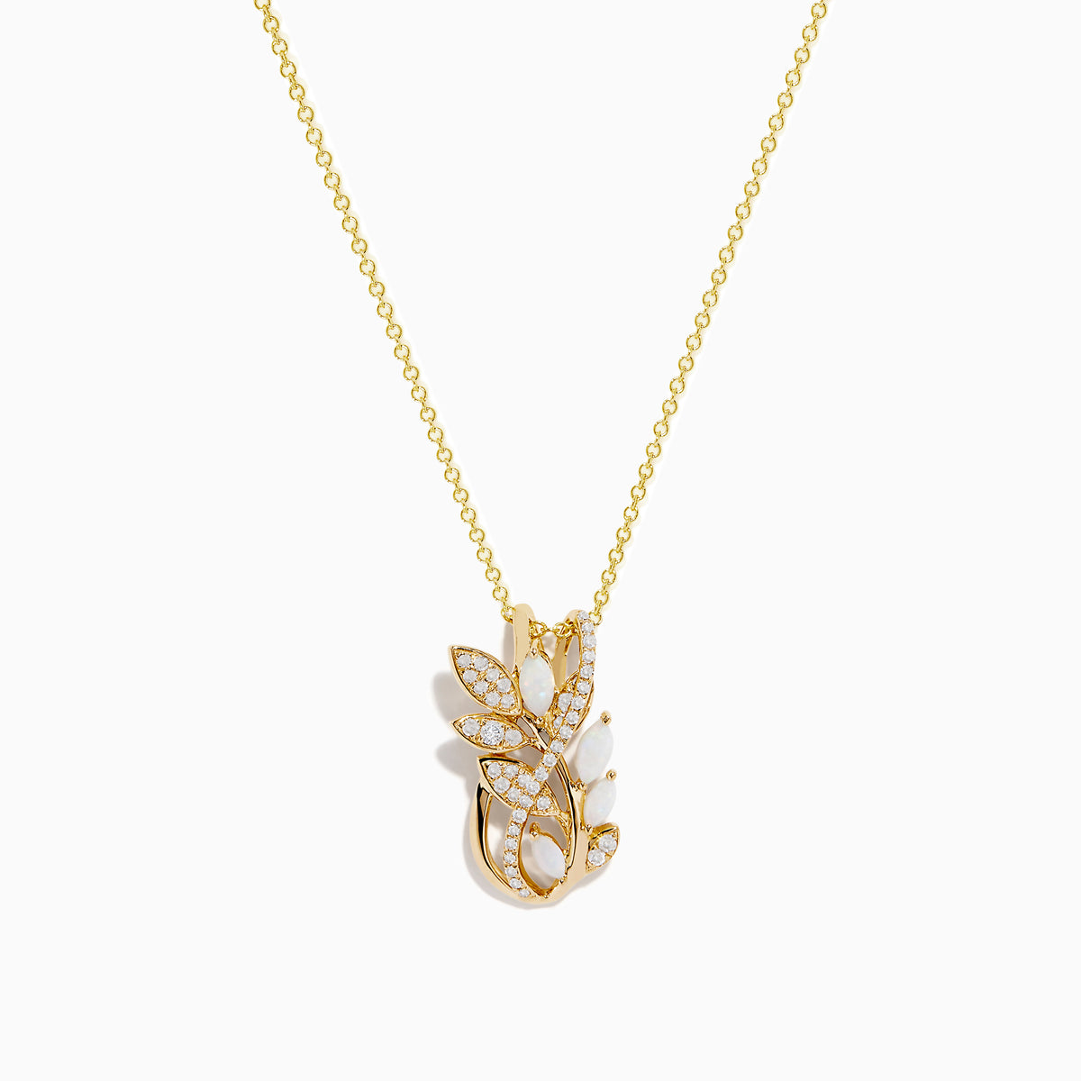 Aurora 14K Yellow Gold Opal and Diamond Leaf Pendant, adorned with sparkling gems and opal accents, showcased on a plain white background.