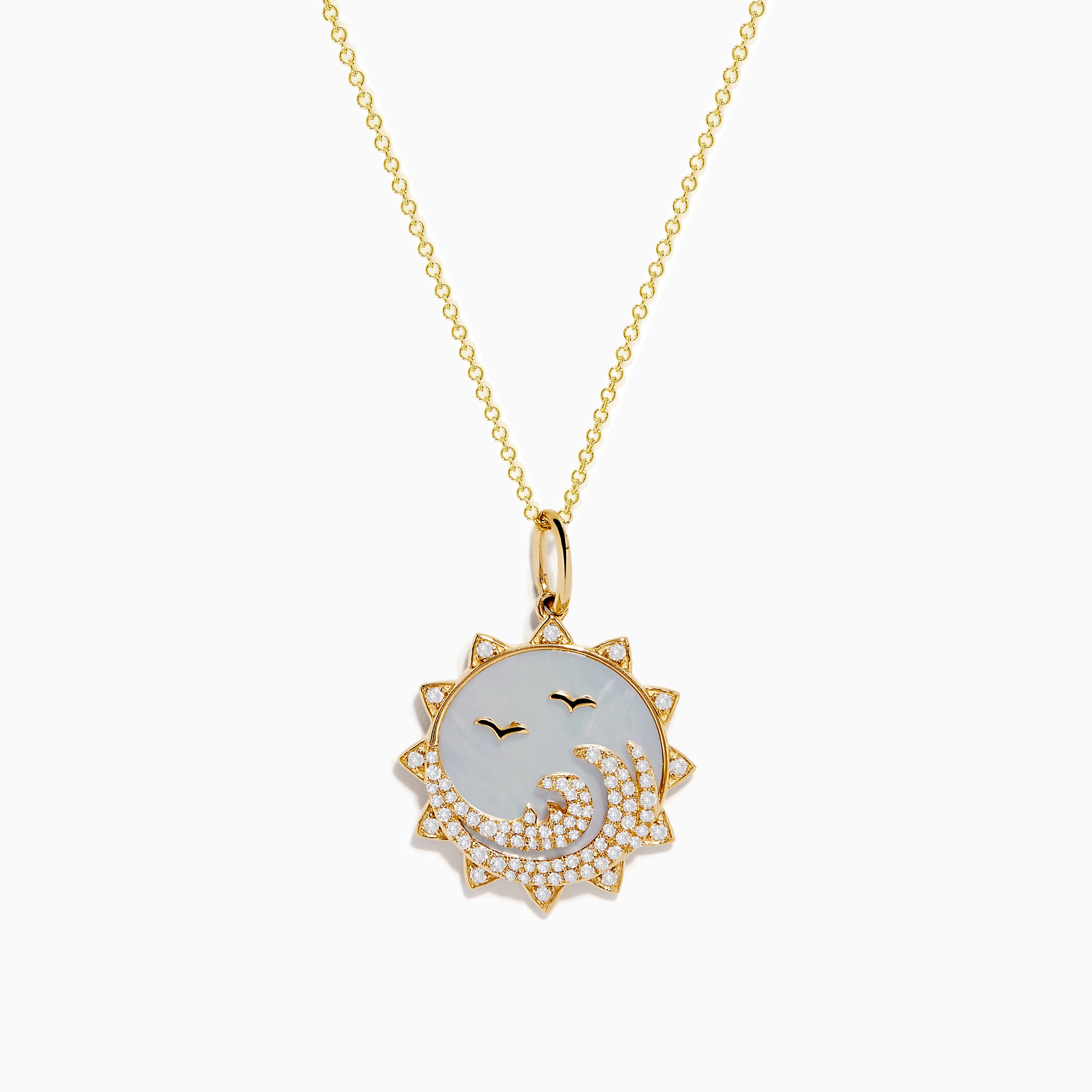 Seaside 14K Yellow Gold Mother Of Pearl and Diamond Bird and Sea Penda