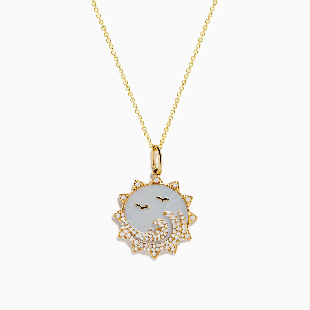 The Seaside 14K Yellow Gold Mother Of Pearl and Diamond Bird and Sea Pendant features a sun-inspired design with bird silhouettes, wave accents with diamonds, a mother-of-pearl background, and a delicate gold chain.