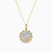 The Seaside 14K Yellow Gold Mother Of Pearl and Diamond Bird and Sea Pendant features a sun-inspired design with bird silhouettes, wave accents with diamonds, a mother-of-pearl background, and a delicate gold chain.