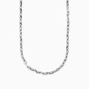 The Mens 925 Sterling Silver 22 Paperclip Chain Necklace features rectangular links in a simple, modern design. Displayed on a plain white background, the chain gently curves to highlight its length and contemporary style.