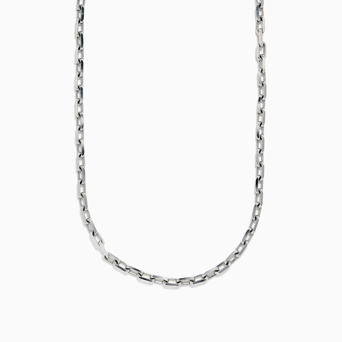The Mens 925 Sterling Silver 22 Paperclip Chain Necklace features rectangular links in a simple, modern design. Displayed on a plain white background, the chain gently curves to highlight its length and contemporary style.
