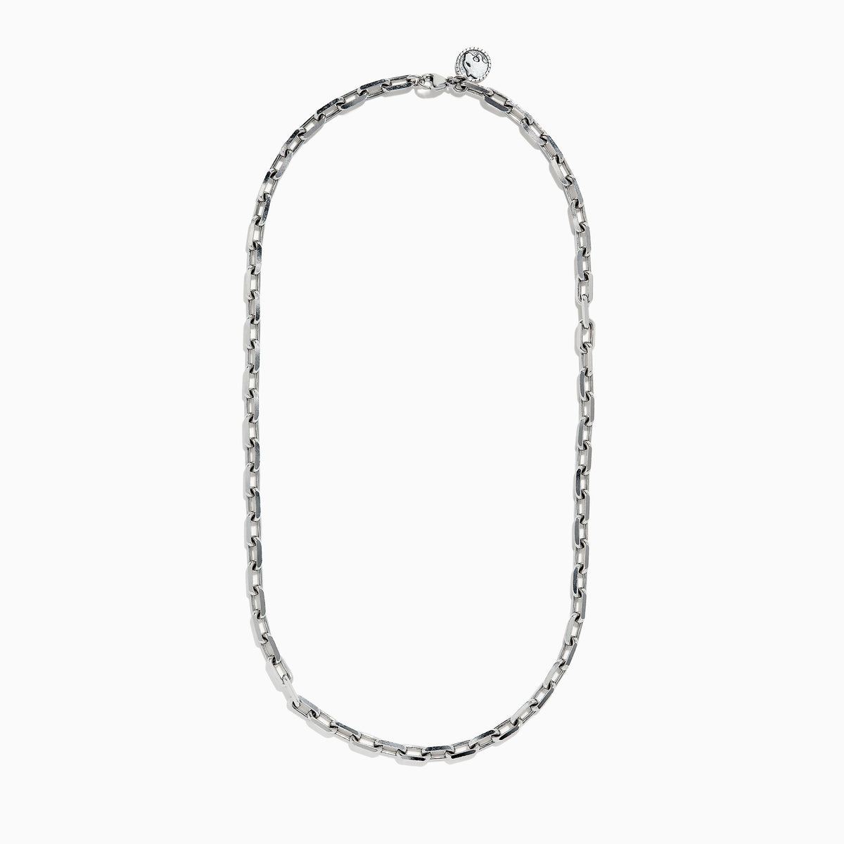The Mens 925 Sterling Silver 22 Paperclip Chain Necklace features rectangular links in a simple, modern design. Displayed on a plain white background, the chain gently curves to highlight its length and contemporary style.