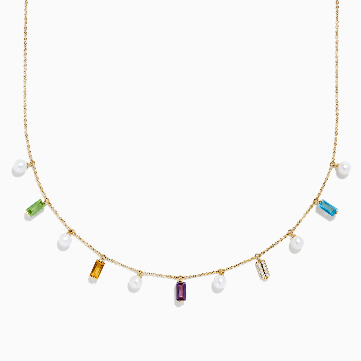 The Mosaic 14K Yellow Multi Color Gemstone Freshwater Pearl and Diamond Necklace features evenly spaced freshwater pearls with green, yellow, purple, clear, and blue gemstones, all set in 14K yellow gold.