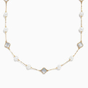 The 14K Yellow Gold Fresh Water Pearl and Mother of Pearl Necklace features alternating pearls and four-leaf clover-shaped mother-of-pearl charms, all evenly spaced along a delicate gold chain.
