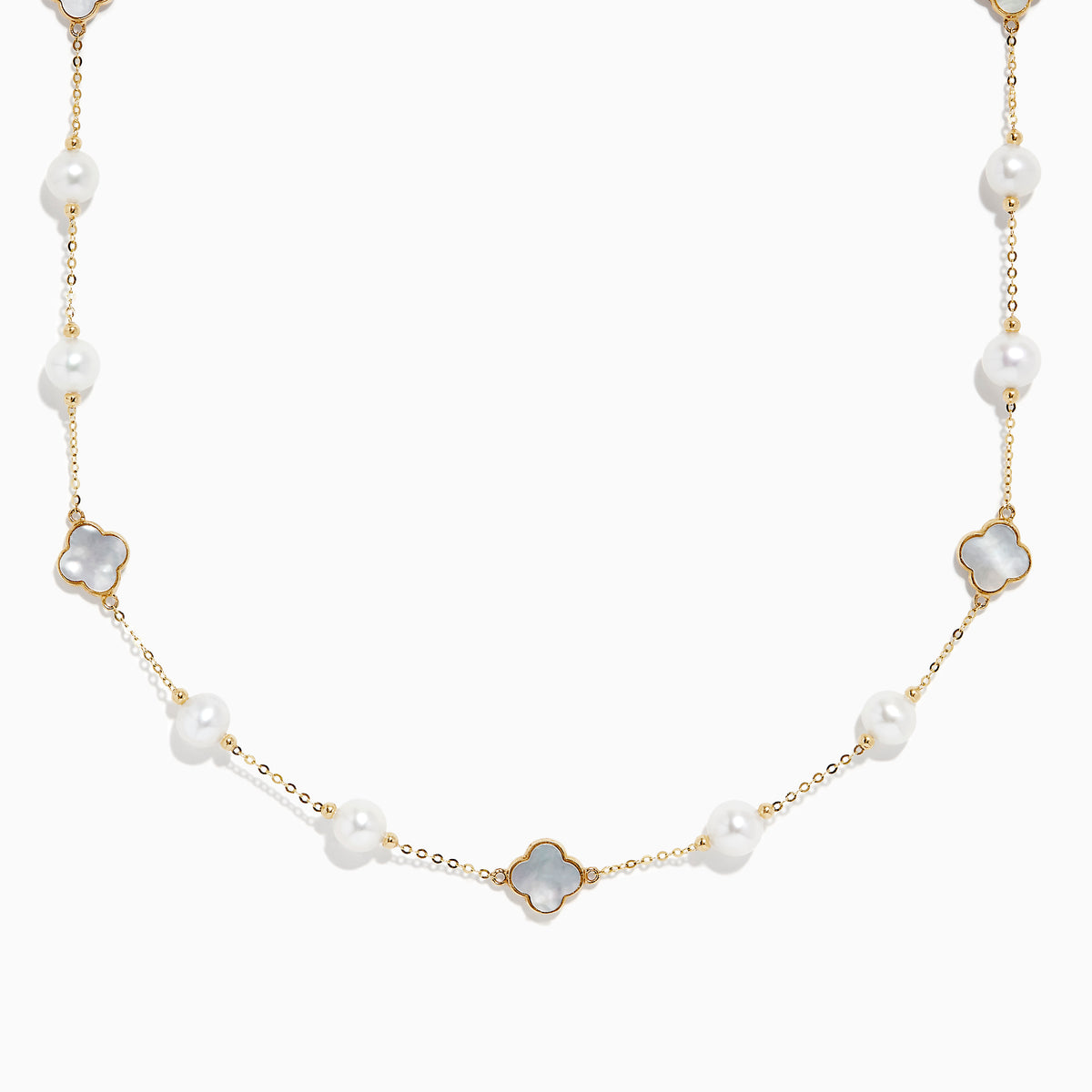 The 14K Yellow Gold Fresh Water Pearl and Mother of Pearl Necklace features alternating pearls and four-leaf clover-shaped mother-of-pearl charms, all evenly spaced along a delicate gold chain.