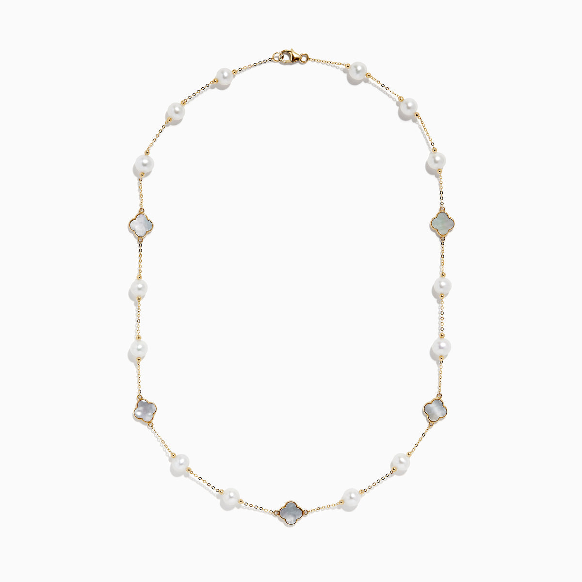 The 14K Yellow Gold Fresh Water Pearl and Mother of Pearl Necklace features alternating pearls and four-leaf clover-shaped mother-of-pearl charms, all evenly spaced along a delicate gold chain.