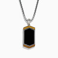 The Mens 925 Sterling Silver Onyx Pendant features a silver chain and a rectangular onyx pendant framed in silver, with a gold border and small gold studs accenting the top and bottom edges.