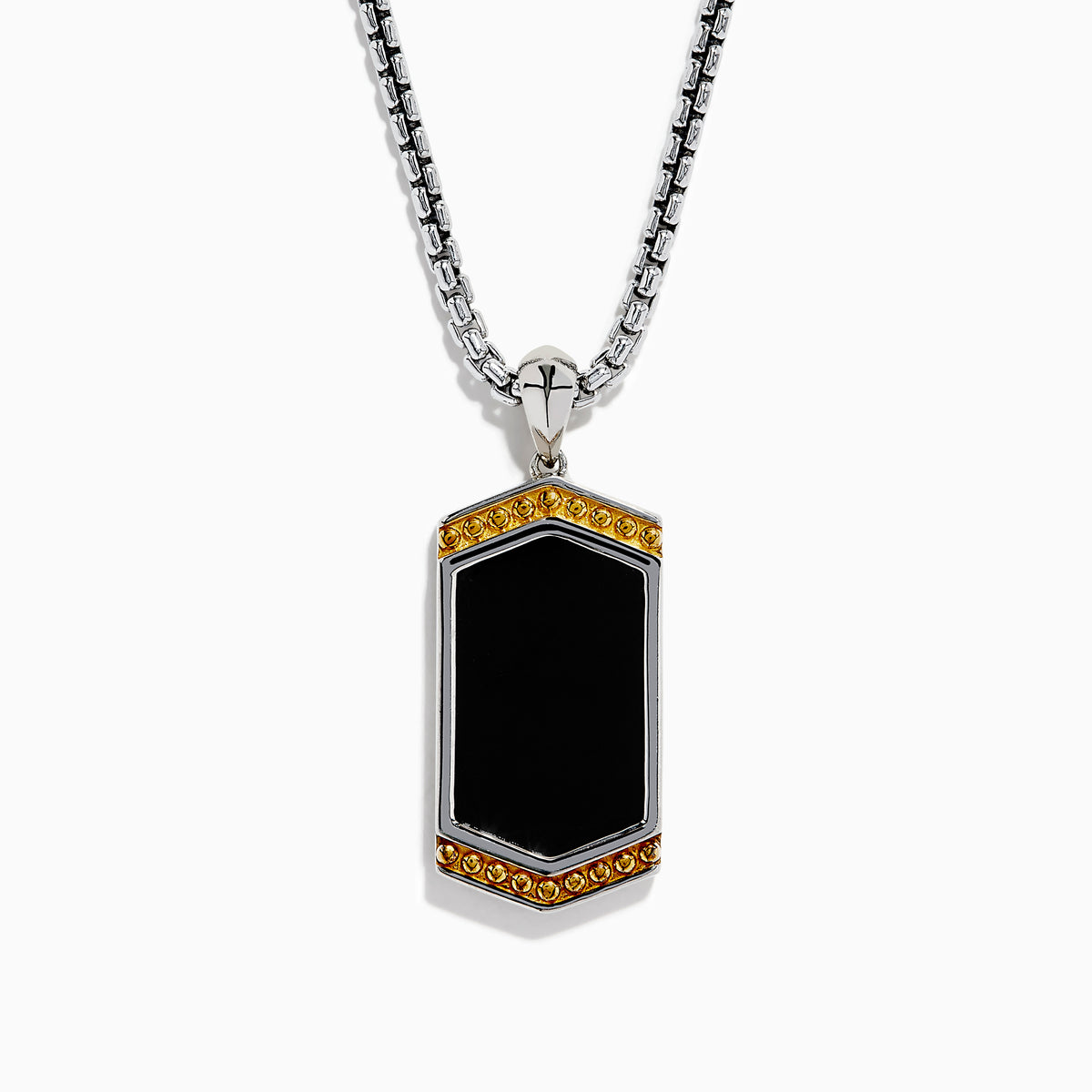 The Mens 925 Sterling Silver Onyx Pendant features a silver chain and a rectangular onyx pendant framed in silver, with a gold border and small gold studs accenting the top and bottom edges.