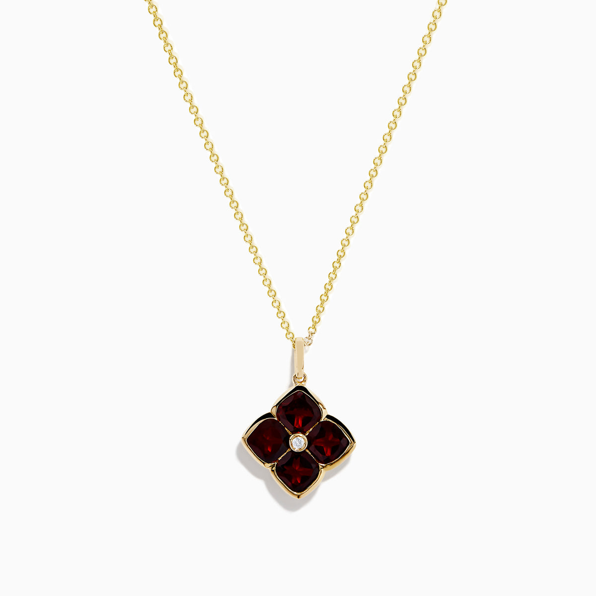 The 14K Yellow Gold Garnet and Diamond Pendant features a four-petal flower-shaped garnet with deep red gemstones outlined in yellow gold and a small clear diamond at the center, shown on a white background.