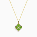 The 14K Yellow Gold Peridot and Diamond Pendant features four peridots in a floral design around a central diamond, presented on a white background.