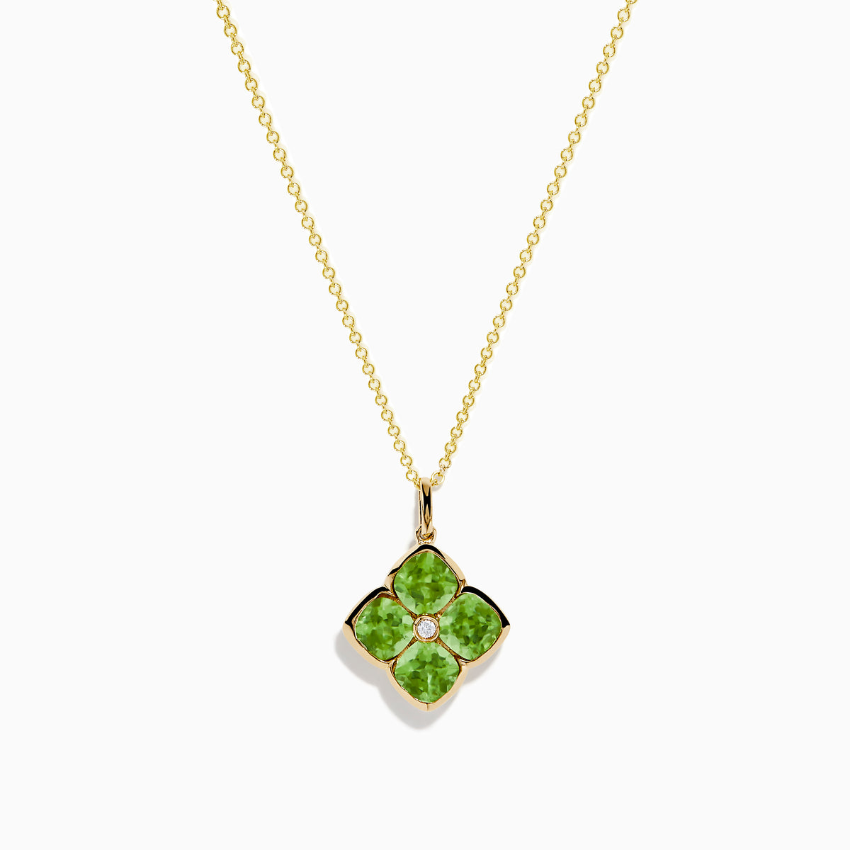 The 14K Yellow Gold Peridot and Diamond Pendant features four peridots in a floral design around a central diamond, presented on a white background.