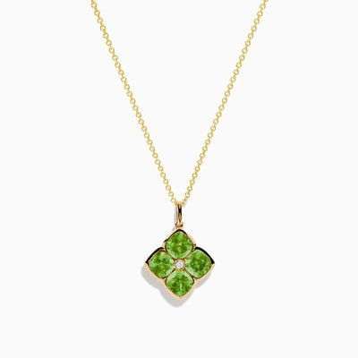 The 14K Yellow Gold Peridot and Diamond Pendant features four peridots in a floral design around a central diamond, presented on a white background.