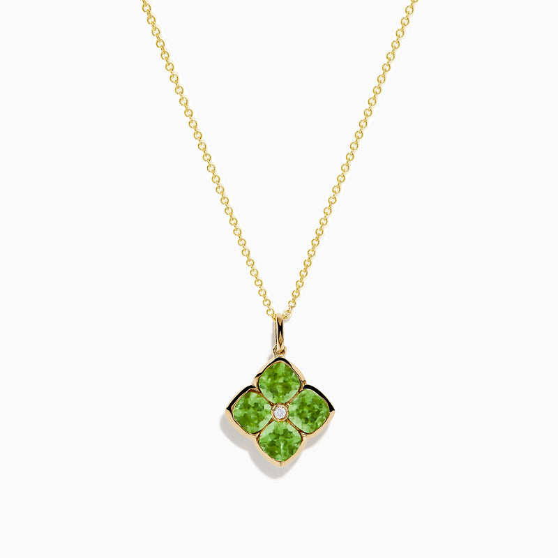 The 14K Yellow Gold Peridot and Diamond Pendant features four peridots in a floral design around a central diamond, presented on a white background.