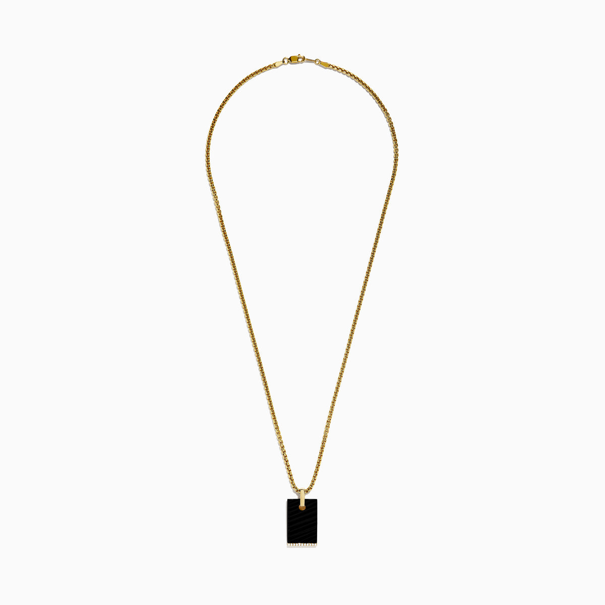 The Mens 14K Yellow Gold Diamond and Carved Onyx Pendant features a rectangular onyx with a gold attachment and a row of sparkling diamonds along the bottom edge, suspended from a gold chain necklace.