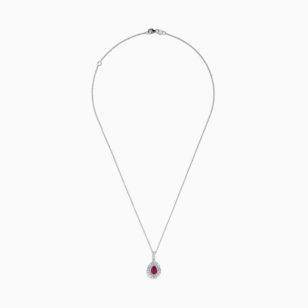 The 18K White Gold Pink Sapphire and Diamond Pendant features a teardrop-shaped pink sapphire surrounded by diamonds, with more diamonds on the bail, shown on a white background.