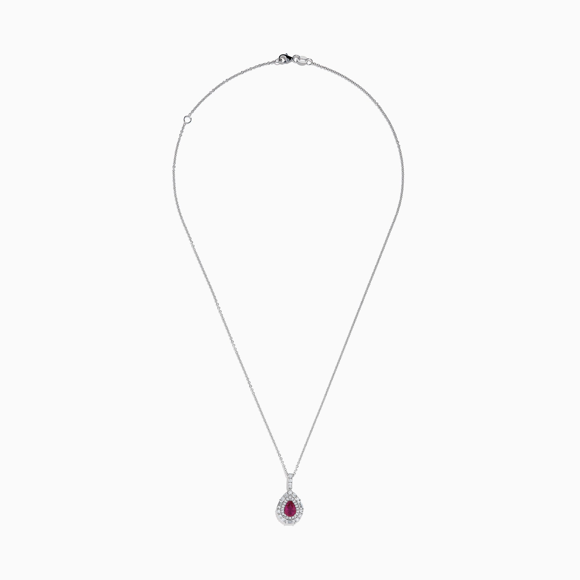 The 18K White Gold Pink Sapphire and Diamond Pendant features a teardrop-shaped pink sapphire surrounded by diamonds, with more diamonds on the bail, shown on a white background.