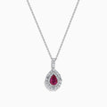 The 18K White Gold Pink Sapphire and Diamond Pendant features a teardrop-shaped pink sapphire surrounded by diamonds, with more diamonds on the bail, shown on a white background.