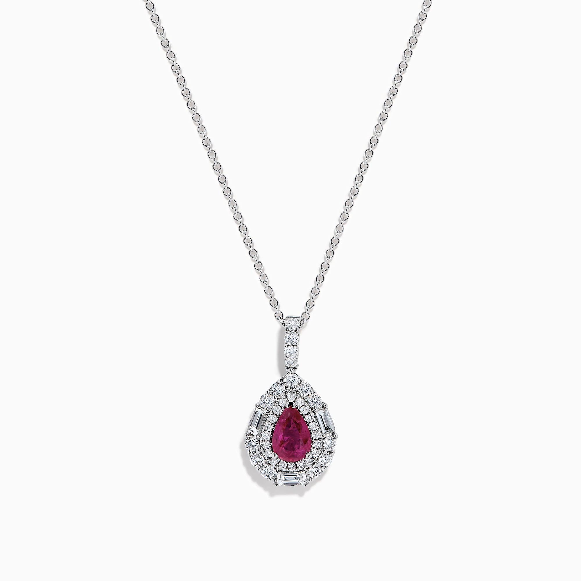 The 18K White Gold Pink Sapphire and Diamond Pendant features a teardrop-shaped pink sapphire surrounded by diamonds, with more diamonds on the bail, shown on a white background.