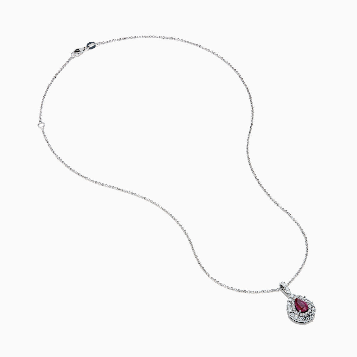 The 18K White Gold Pink Sapphire and Diamond Pendant features a teardrop-shaped pink sapphire surrounded by diamonds, with more diamonds on the bail, shown on a white background.