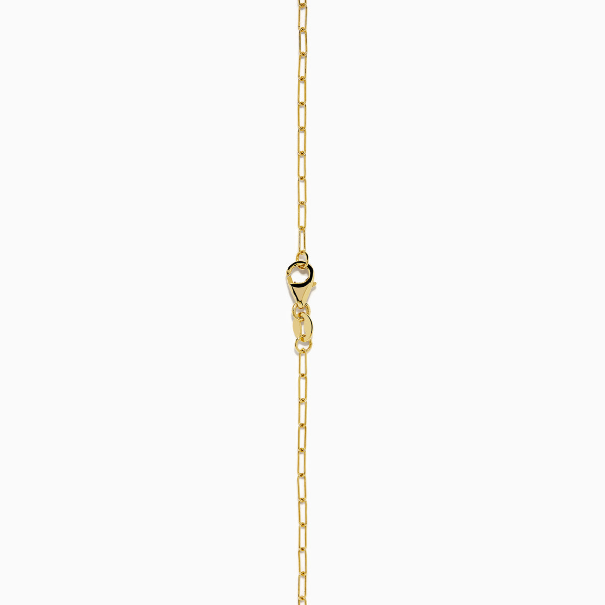 The 14K Yellow Gold Aquamarine Bezel Paperclip Chain Pendant features a round light blue aquamarine in a simple gold bezel on a delicate paperclip chain, shown against a white background.