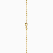 The 14K Yellow Gold Aquamarine Bezel Paperclip Chain Pendant features a round light blue aquamarine in a simple gold bezel on a delicate paperclip chain, shown against a white background.