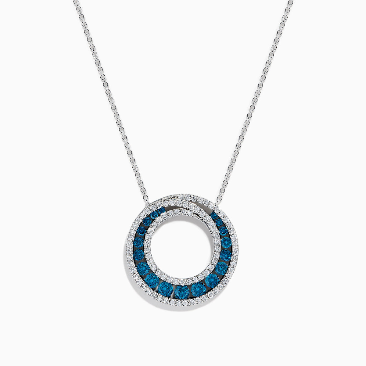 14K White Gold Blue and White Diamond Double Circle Pavé Pendant