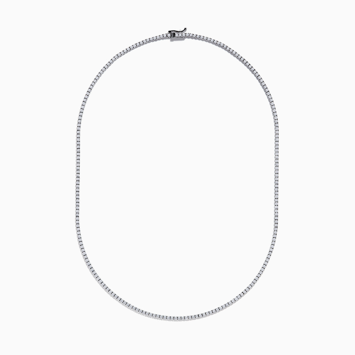 The 14K White Gold Diamond Tennis Necklace, 3.50 TCW features closely set round diamonds forming an elegant, continuous U-shaped chain, showcased gracefully against a plain white background.
