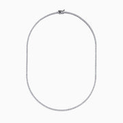 The 14K White Gold Diamond Tennis Necklace, 3.50 TCW features closely set round diamonds forming an elegant, continuous U-shaped chain, showcased gracefully against a plain white background.