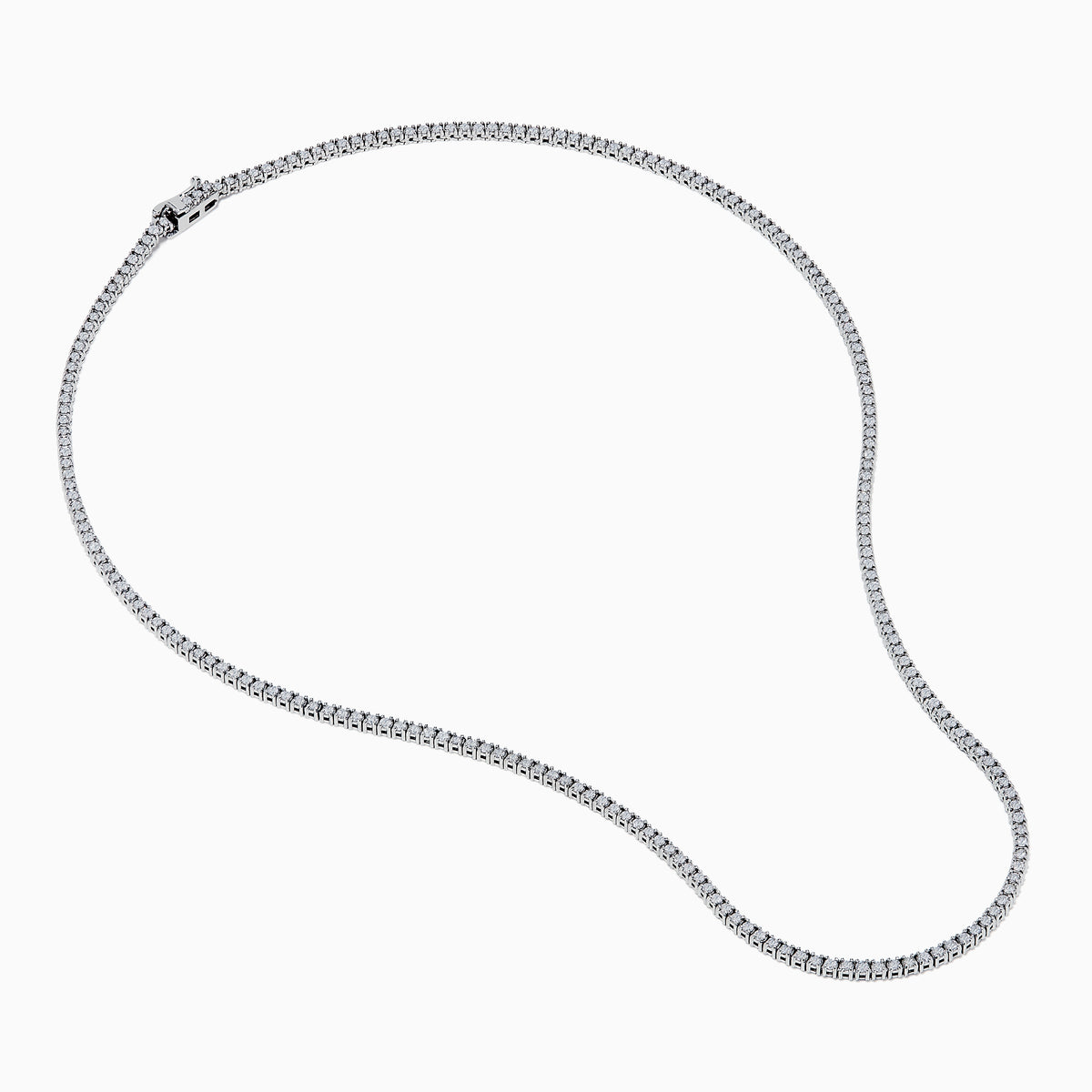 The 14K White Gold Diamond Tennis Necklace, 3.50 TCW features closely set round diamonds forming an elegant, continuous U-shaped chain, showcased gracefully against a plain white background.