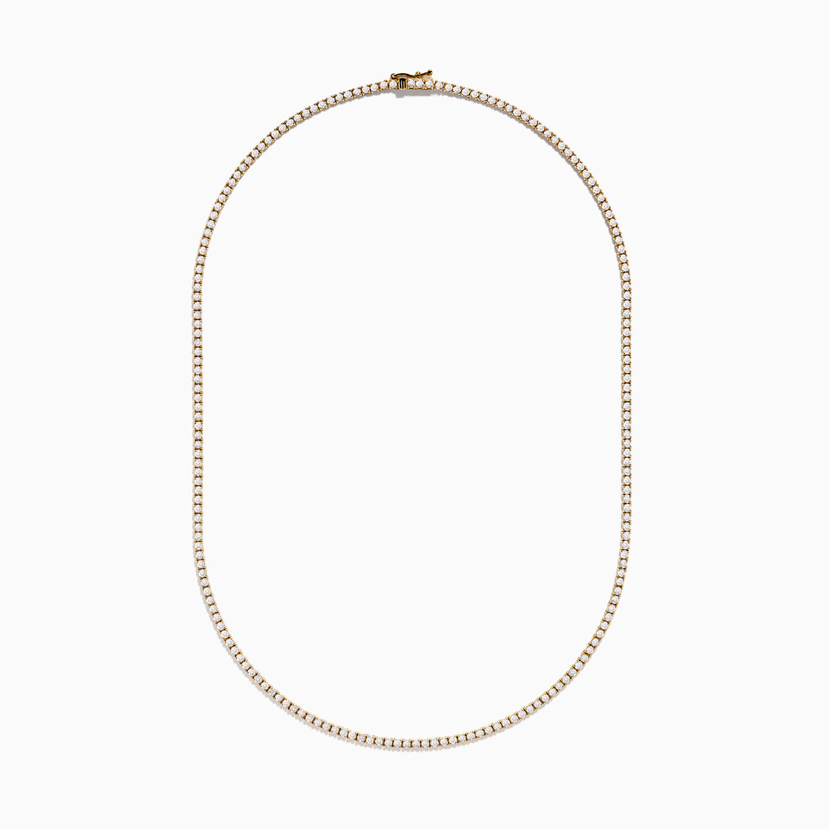 The 14K Yellow Gold Diamond Tennis Necklace, 4.50 TCW, showcases a continuous row of sparkling white stones set in yellow gold and is displayed on a plain white background.