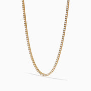 The 14K Yellow Gold Diamond Tennis Necklace, 4.50 TCW, showcases a continuous row of sparkling white stones set in yellow gold and is displayed on a plain white background.