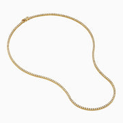 The 14K Yellow Gold Diamond Tennis Necklace, 4.50 TCW, showcases a continuous row of sparkling white stones set in yellow gold and is displayed on a plain white background.