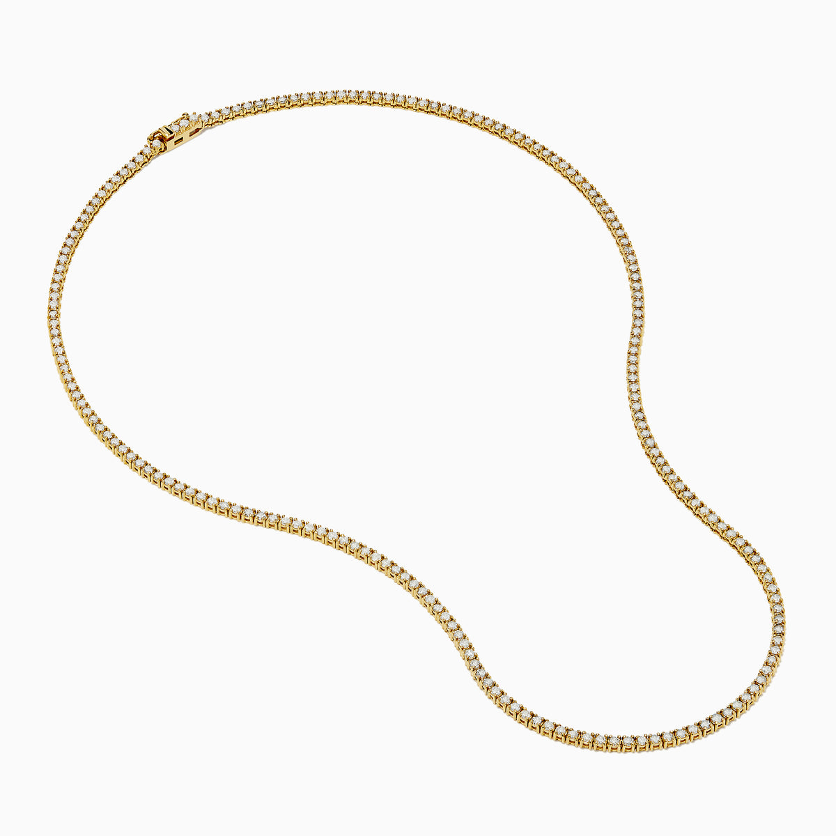 The 14K Yellow Gold Diamond Tennis Necklace, 4.50 TCW, showcases a continuous row of sparkling white stones set in yellow gold and is displayed on a plain white background.