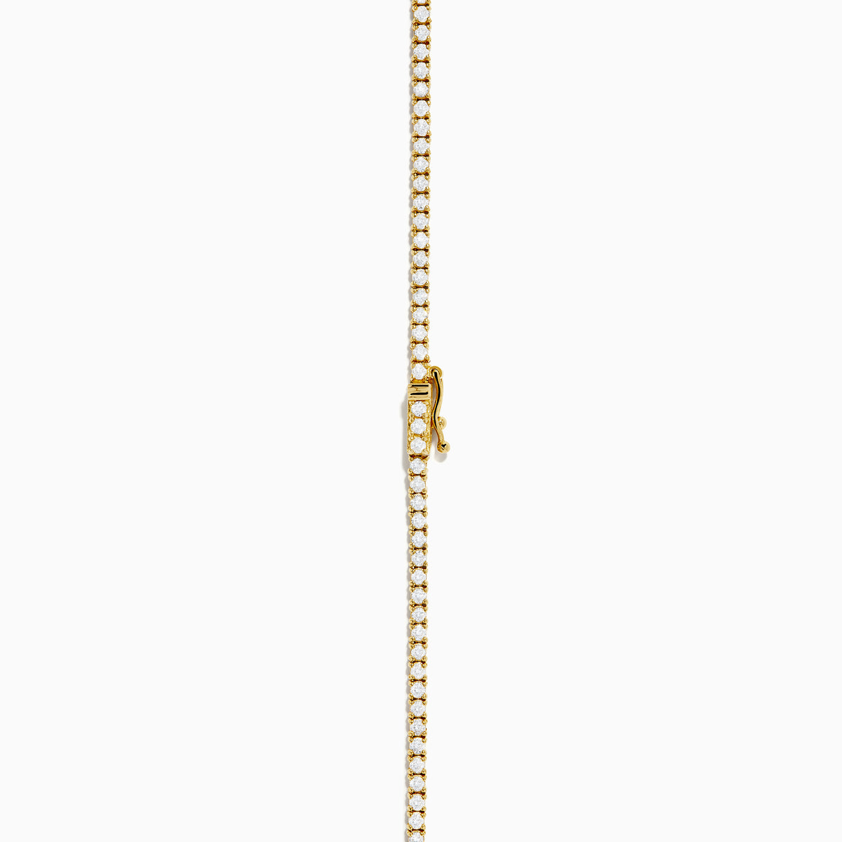 The 14K Yellow Gold Diamond Tennis Necklace, 4.50 TCW, showcases a continuous row of sparkling white stones set in yellow gold and is displayed on a plain white background.