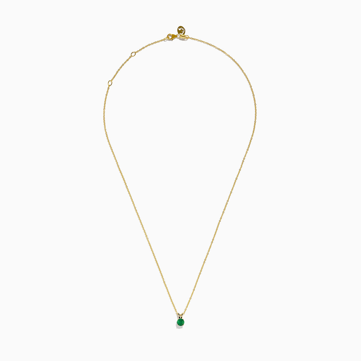 The 14K Yellow Gold Solitaire Round Emerald Pendant (0.48 TCW) features a delicate gold chain and a small round emerald, showcased against a white background.