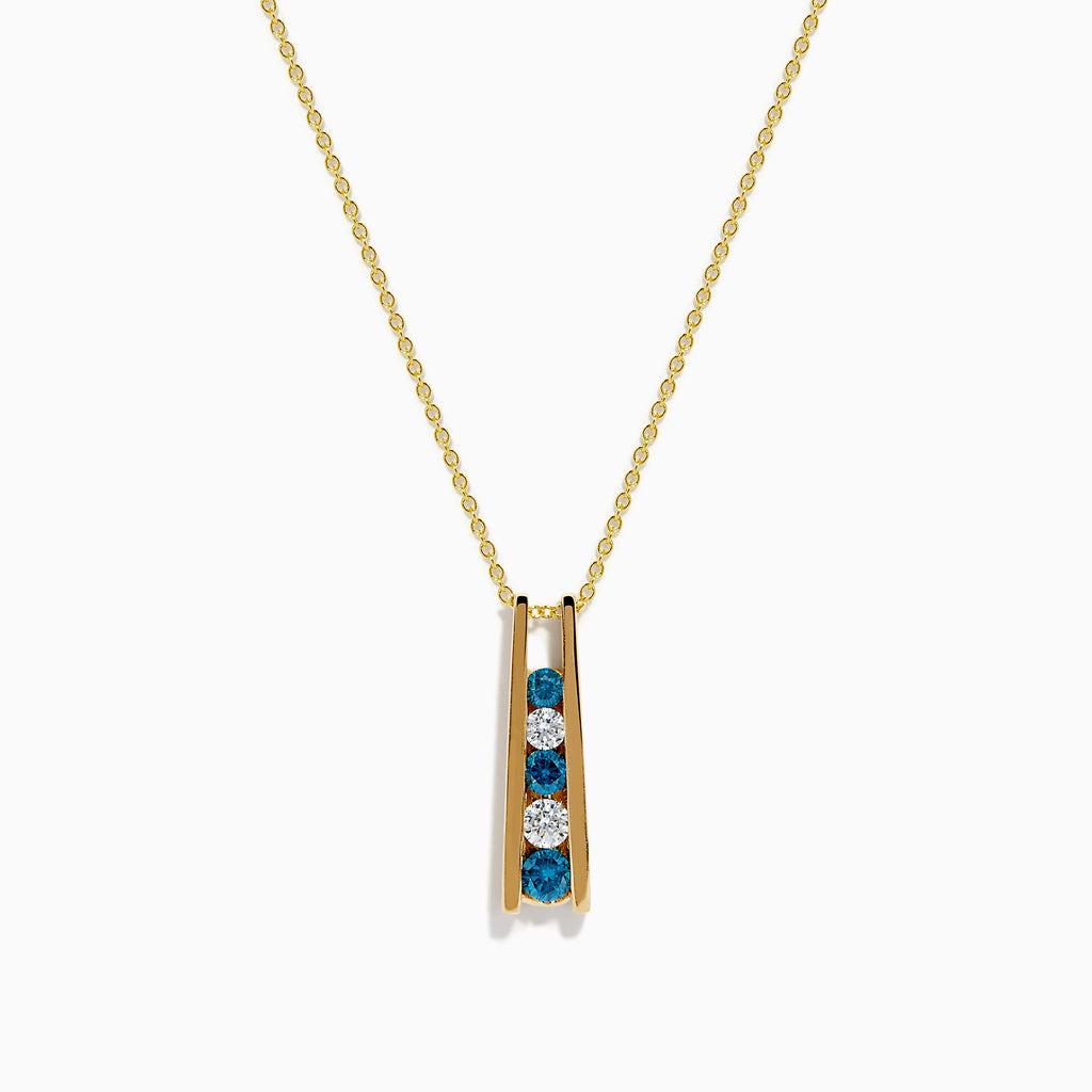 14K Yellow Gold Blue and White Diamond Vertical Bar Pendant