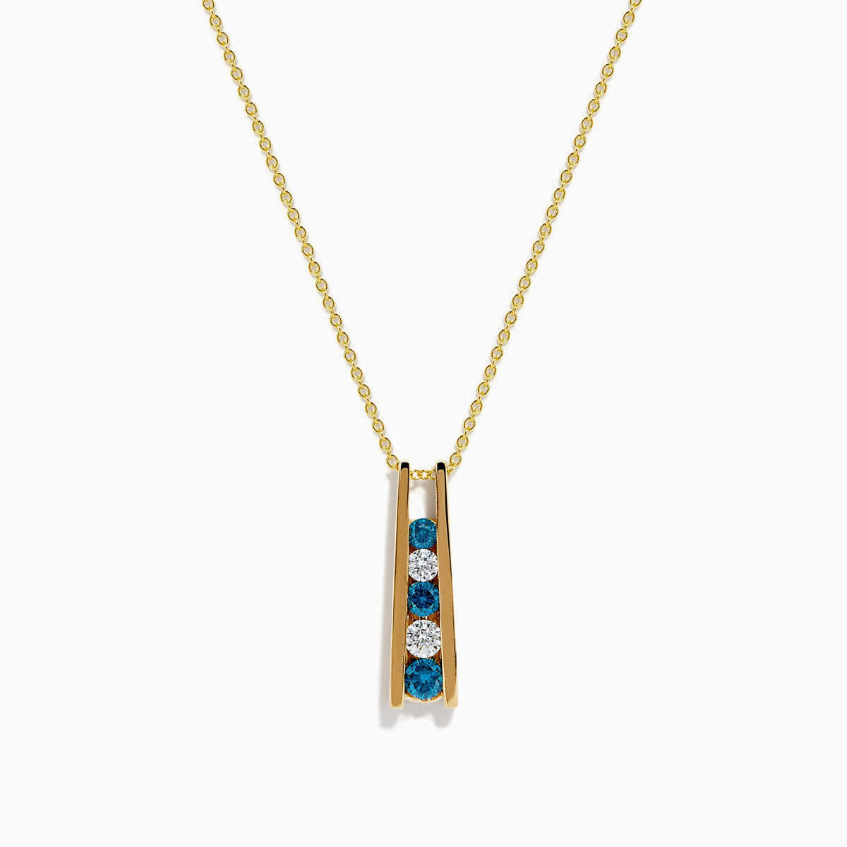 14K Yellow Gold Blue and White Diamond Vertical Bar Pendant