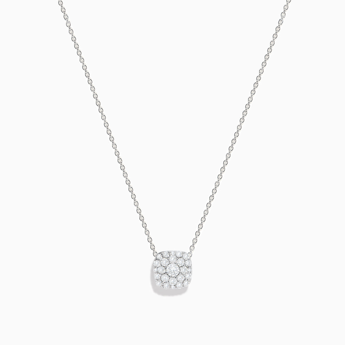 The Pave Classica 14K White Gold Diamond Pendant is a delicate necklace featuring a cushion-shaped pendant encrusted with sparkling white diamonds, shown against a plain white background.
