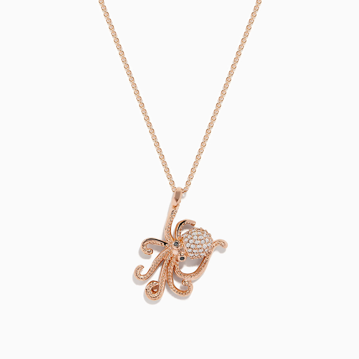 The Novelty 14K Rose Gold Diamond Octopus Pendant by Effy features a delicate octopus design set with sparkling diamonds (0.20 TCW), displayed on a fine chain against a white background.