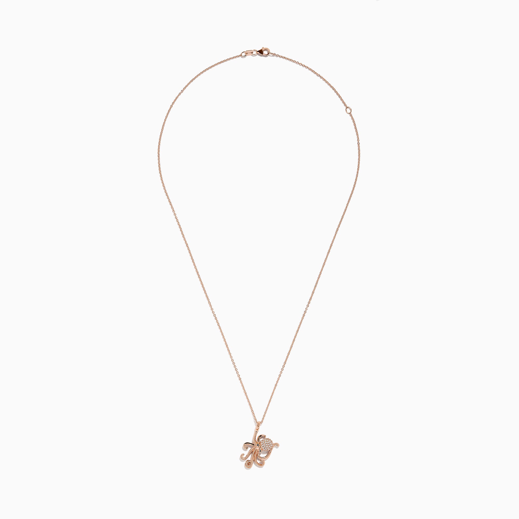 The Novelty 14K Rose Gold Diamond Octopus Pendant by Effy features a delicate octopus design set with sparkling diamonds (0.20 TCW), displayed on a fine chain against a white background.