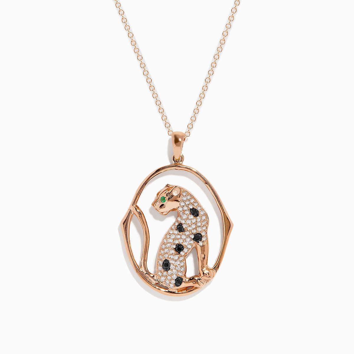 The Signature 14K Rose Gold Diamond and Emerald Pendant, 0.44 TCW, features a sitting leopard with black and white stones, vivid green gemstone eyes, and an oval-shaped gold border for a touch of elegance.
