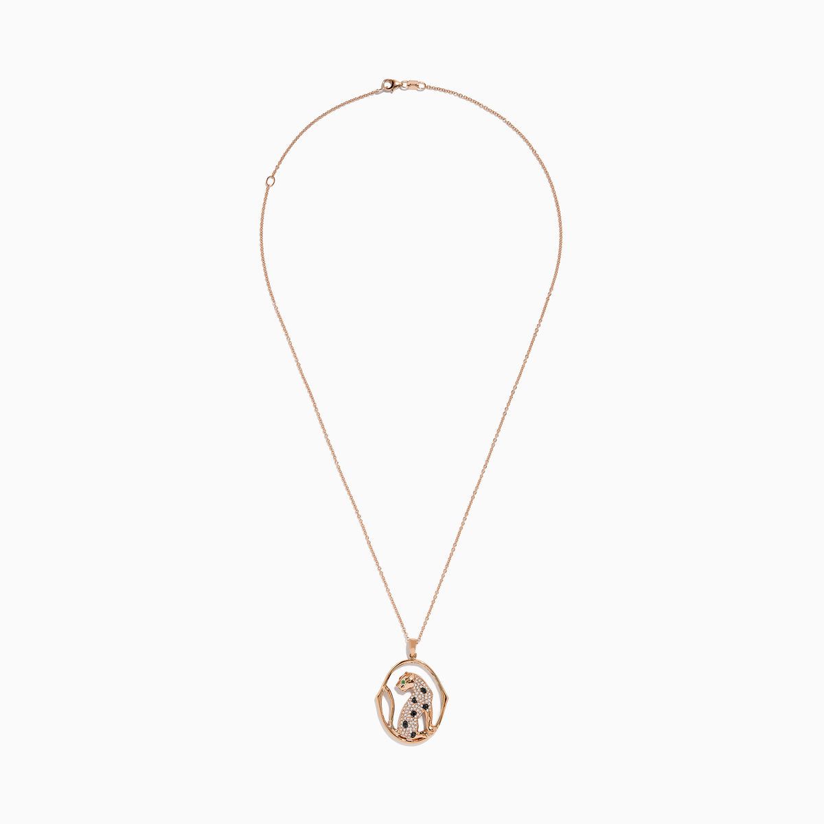 The Signature 14K Rose Gold Diamond and Emerald Pendant, 0.44 TCW, features a sitting leopard with black and white stones, vivid green gemstone eyes, and an oval-shaped gold border for a touch of elegance.