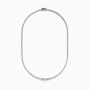 A close-up of the Lab Grown Round Diamond 12.00ct Graduated Tennis Necklace in 14K White Gold, showcasing a continuous row of sparkling lab grown diamonds against a white background.