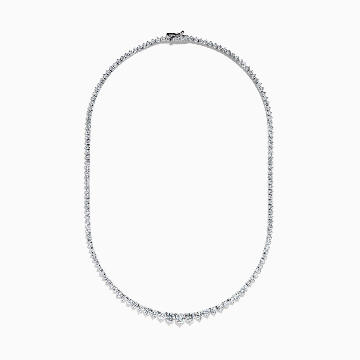 A close-up of the Lab Grown Round Diamond 12.00ct Graduated Tennis Necklace in 14K White Gold, showcasing a continuous row of sparkling lab grown diamonds against a white background.