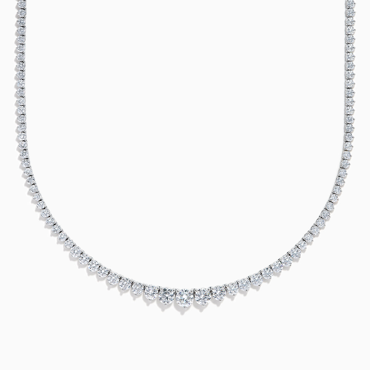 A close-up of the Lab Grown Round Diamond 12.00ct Graduated Tennis Necklace in 14K White Gold, showcasing a continuous row of sparkling lab grown diamonds against a white background.