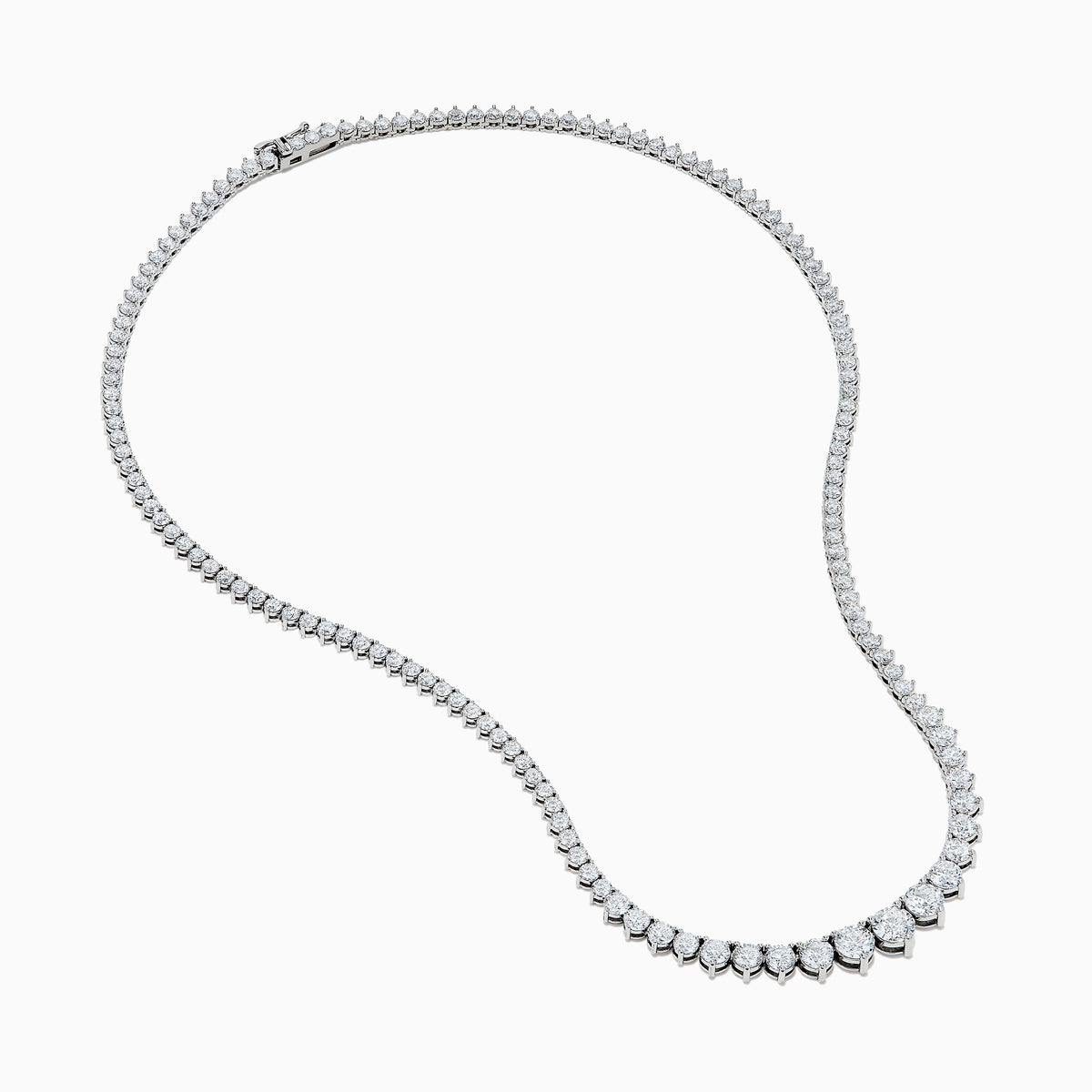 A close-up of the Lab Grown Round Diamond 12.00ct Graduated Tennis Necklace in 14K White Gold, showcasing a continuous row of sparkling lab grown diamonds against a white background.