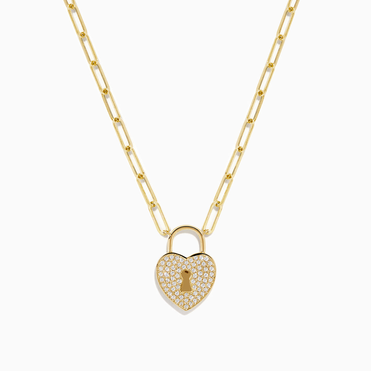 The Novelty 14K Yellow Gold Diamond Heart Lock Pendant is a yellow gold chain necklace with a diamond heart padlock, adorned with sparkling stones and a central keyhole design.