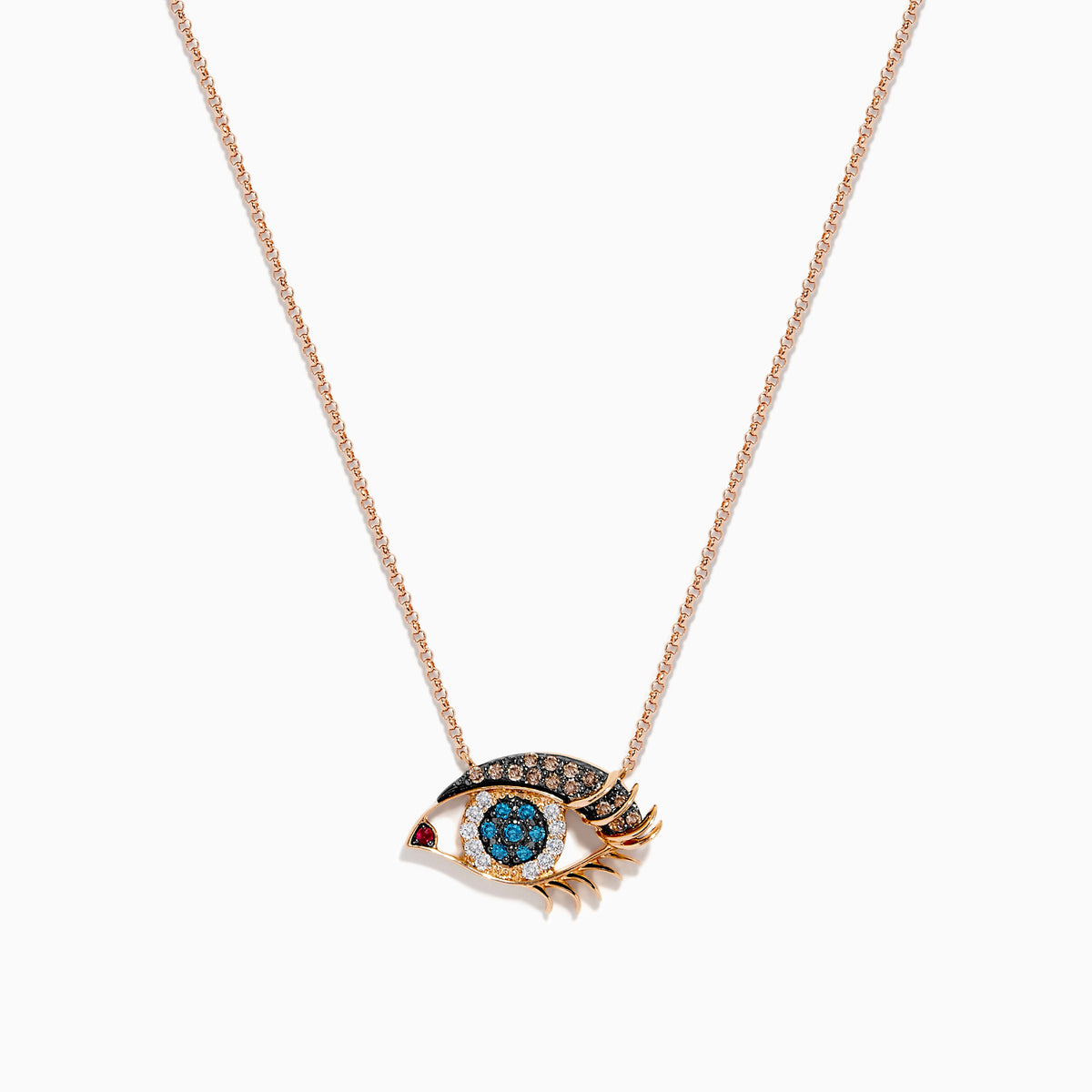 14K Rose Gold Multi Color, Ruby and Diamond Pavé Evil Eye Pendant