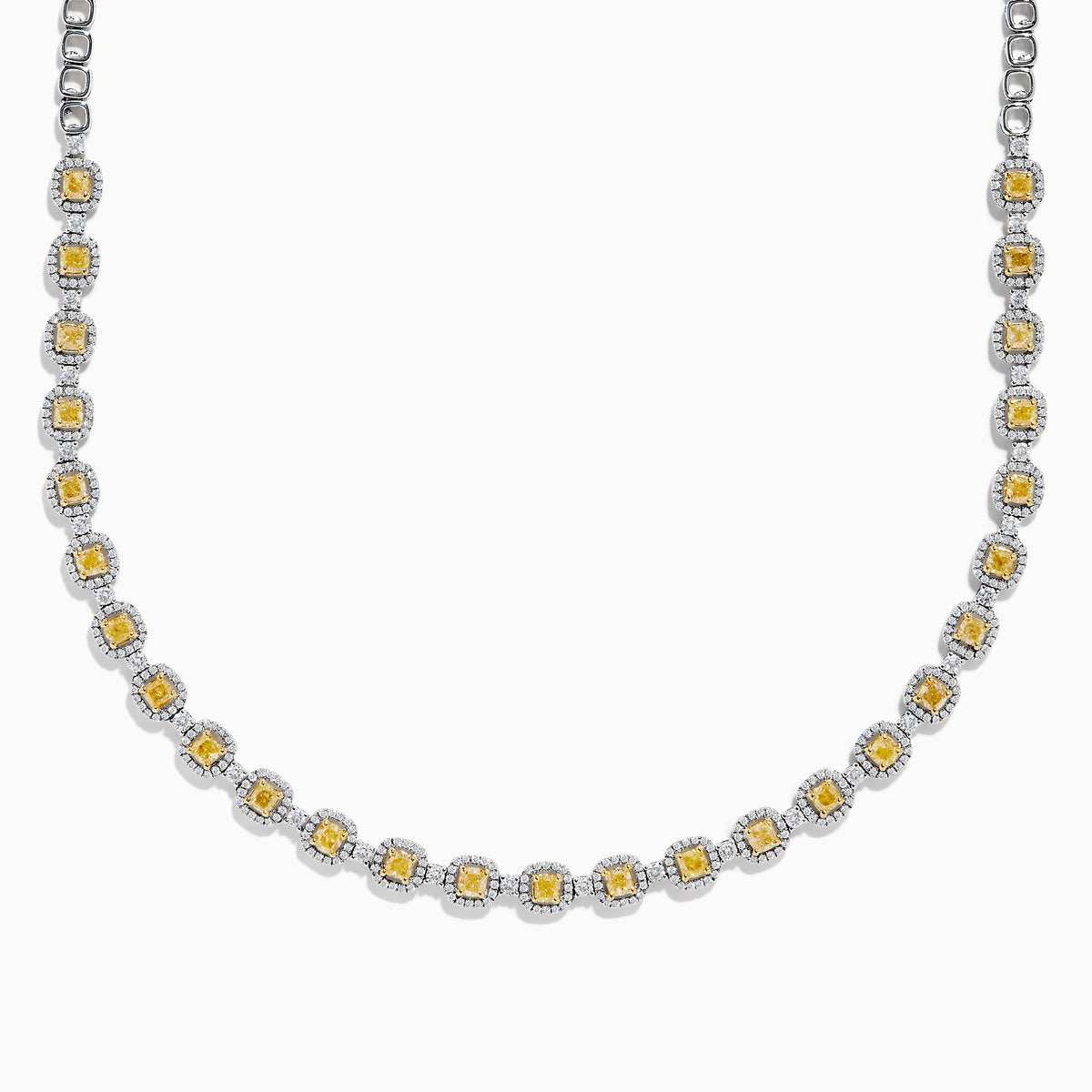 The Canare 18K Two Tone Gold White and Yellow Diamond Necklace showcases square yellow diamonds, each framed by small white diamonds, evenly set along the chain for a refined two-tone gold effect.